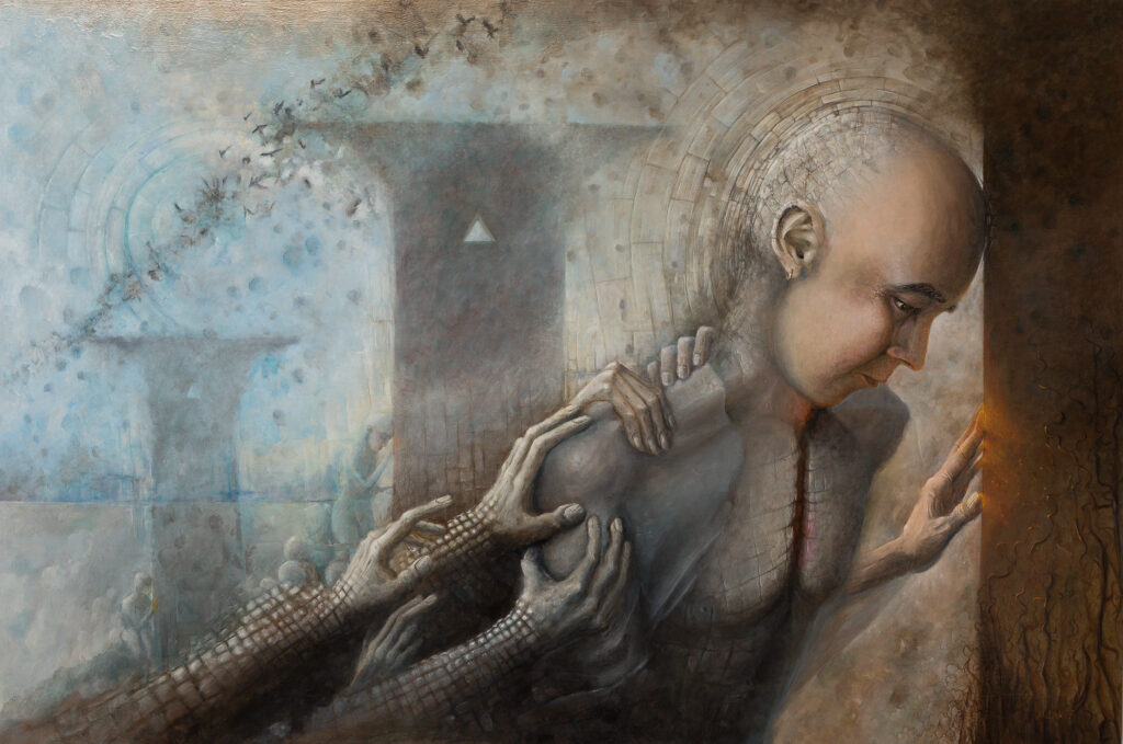 “Człowiek szyty nadzieją” – oleje/akryle na desce 90x130cm