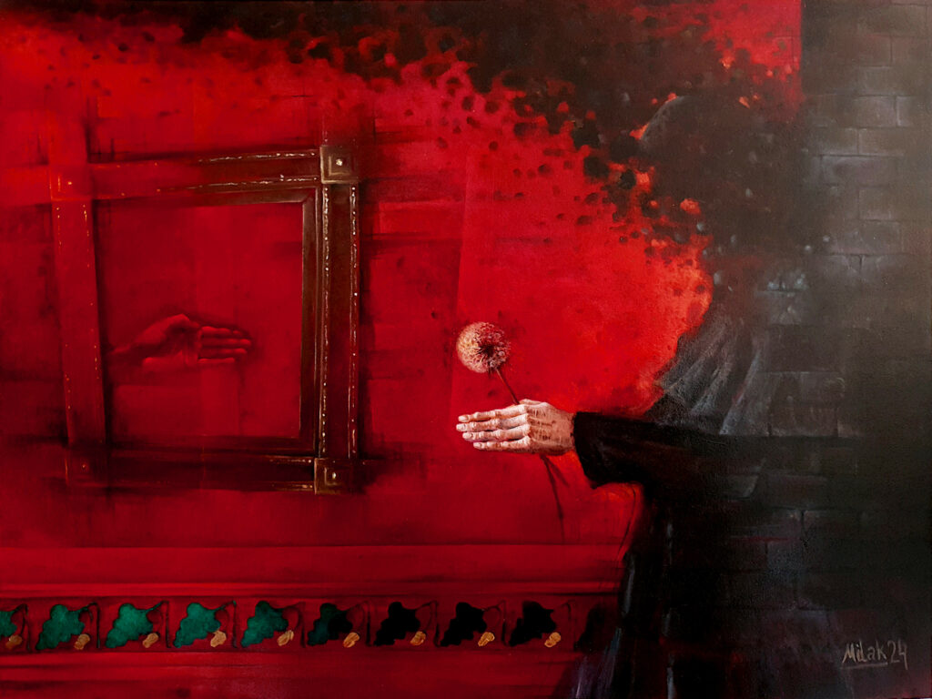 Czerwony pokój – akryle/oleje na płycie 70×90cm